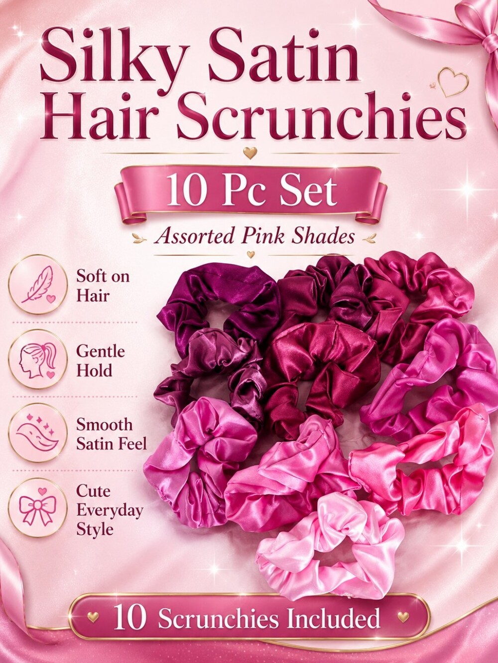 💥 10 Pc Satin Pink Hair Scrunchie Set — Assorted Pink Shades